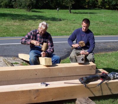 Tim and Ev Rau working on a barn recreation on the family farm in 2007